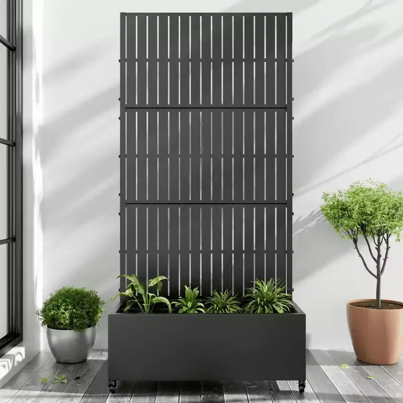 MAYEERTY Planter Box with Trellis Iron Black Vertical Fence Style 72x35x16in 3-Piece Set