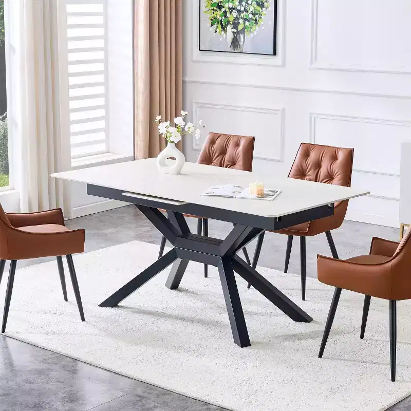63-79 Modern Extendable Dining Table with Sintered Stone Tabletop, Rectangular Kitchen Table for Dining Room or Breakfast Area