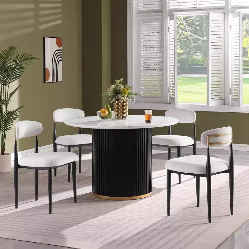 GDFStudio Howar Modern 5 Piece Wood and Metal Round Dining Set with Chenille Upholstered Chairs