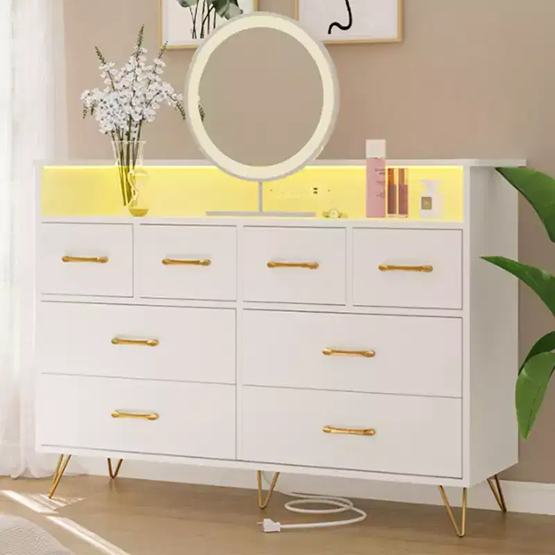 8-Drawer Dresser with Power Outlet, LED Lights & Gold Handles, Modern Wood Chest, White