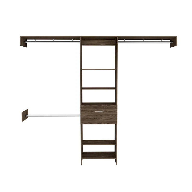 FM Furniture Cross Closet System with Drawer, 3 Metal Rods, and 5 Open Shelves