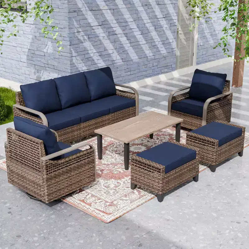 EAGLE PEAK Wicker Outdoor Patio Conversation Set, 2 Swivel Rocking Chairs, 3-Seat Loveseat, 2 Ottomans and Coffee Table, 6 Pieces