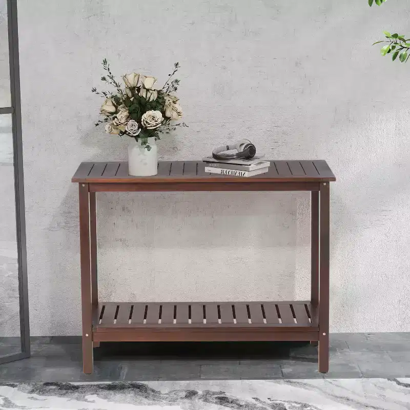 Vintage Wooden Console Table with Bottom Shelf, Entryway Table with Stripe Design, Accent Table for Living Room, Hallway, Brown