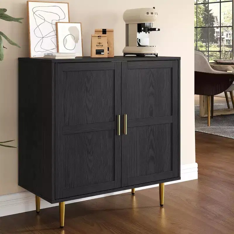2-Door Storage Cabinet with Adjustable Shelves, White and Natural Wood, 32.87