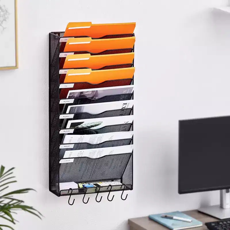 File Wall Rack, One-Piece 10 Pockets Mesh Wall File Holder, Wall Mounted Magazine Mail Paper & Document Storage Folder, Metal Wall File Organizer