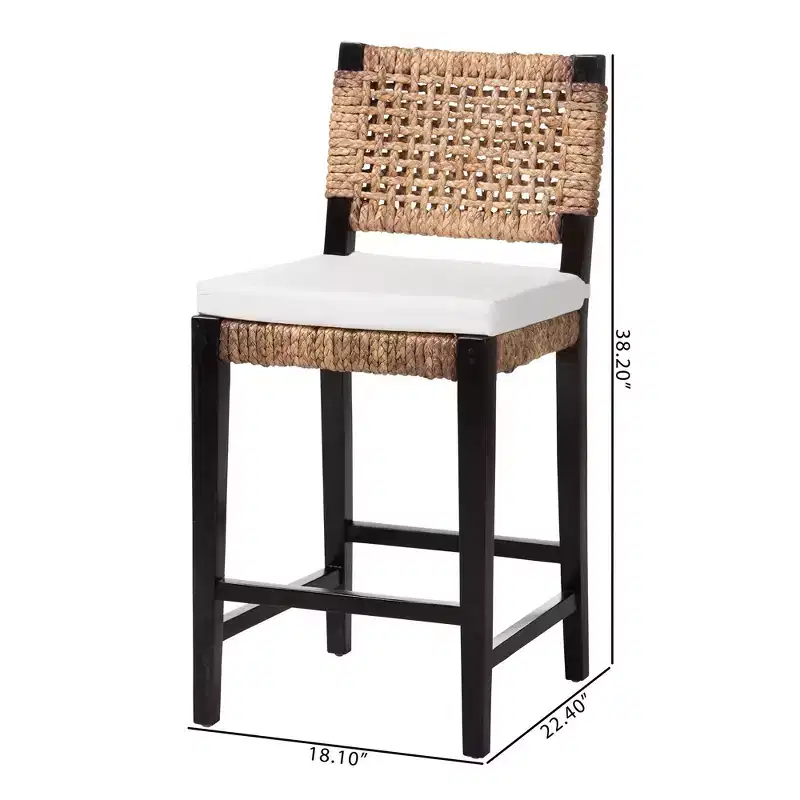 bali & pari Modern Bohemian Counter Stool, Dark Brown Mahogany & Seagrass, Woven Backrest