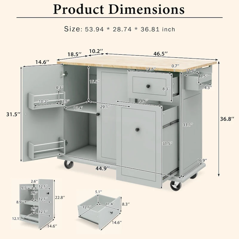 53.9 Width Rolling Kitchen Island with Drop Leaf and 3 Tier Pull Out Cabinet