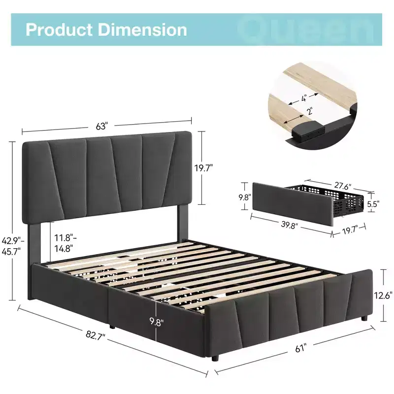 Wood Frame Velvet Tufted Platform Bed with Adjustable Headboard & 4 Storage Drawers Twin/Queen