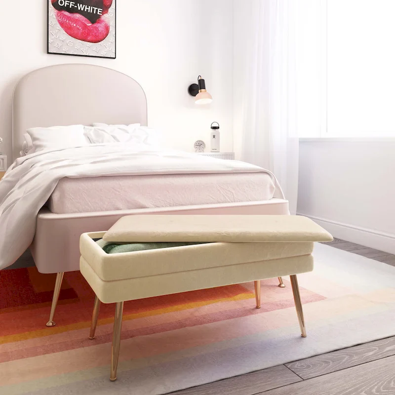 Channel-Tufted Velvet Storage Bench with Gold Legs – Cream, 1-Person Seating