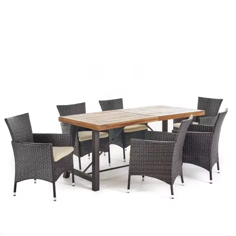GDFStudio Plauche Outdoor Wicker and Acacia Wood 7 Piece Dining Set with Cushion, Teak/Multibrown/Beige