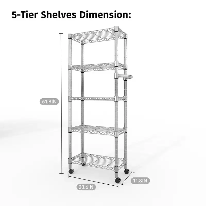 5 Tier Metal Shelving Unit with Wheels, 1100LBS Heavy Duty Wire Rack Storage Organizer with Handle & Adjustable Feet