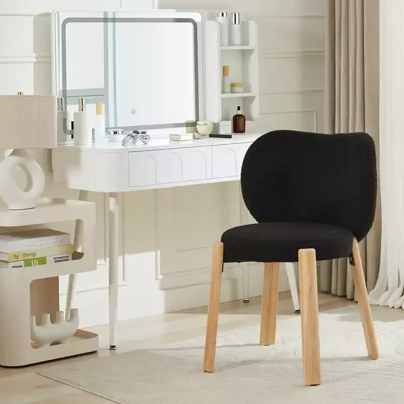 Plush Teddy Fabric Vanity Chair with Back, Rolling Upholstered Accent Chair, Armless