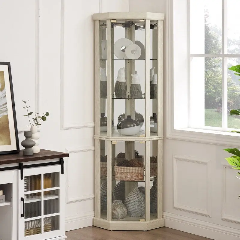 White Corner Cabinet with Glass Doors & Built-In Lighting, 1-Person Assembly
