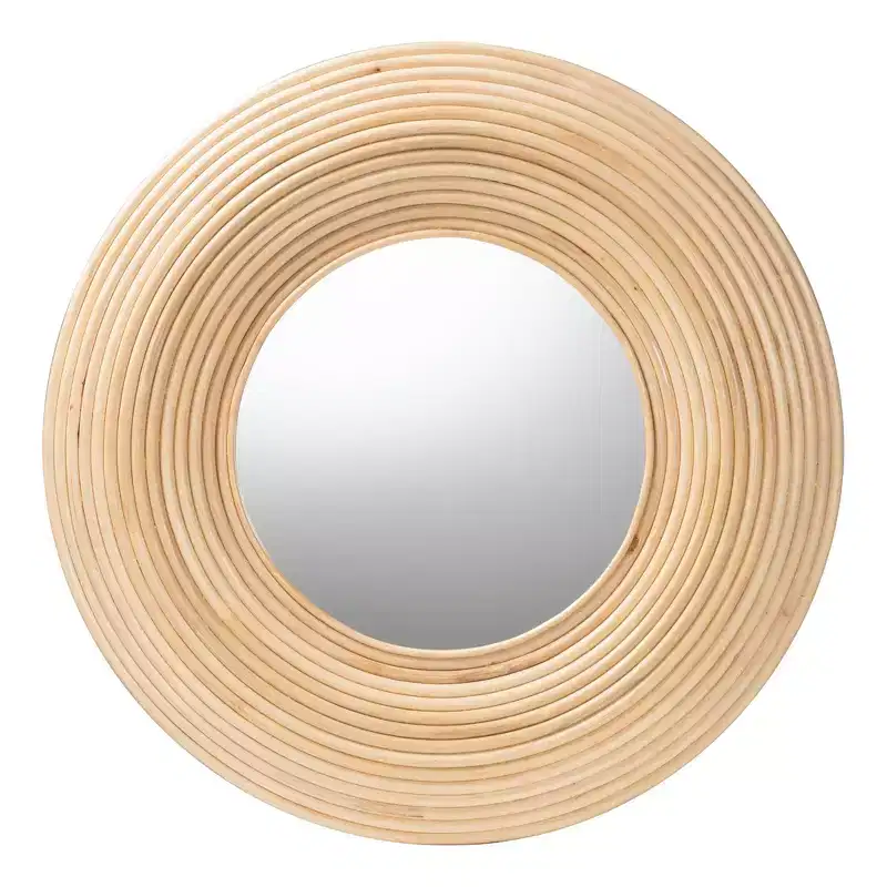 Round Rattan Accent Wall Mirror, Natural Brown, Modern Bohemian Style