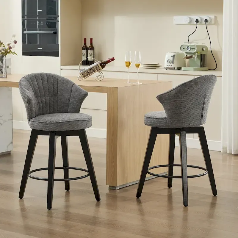 White / Blue / Dark Grey Swivel Bar Stools, Set of 2, Chenille Cushioned Counter Height Chairs with Metal Legs