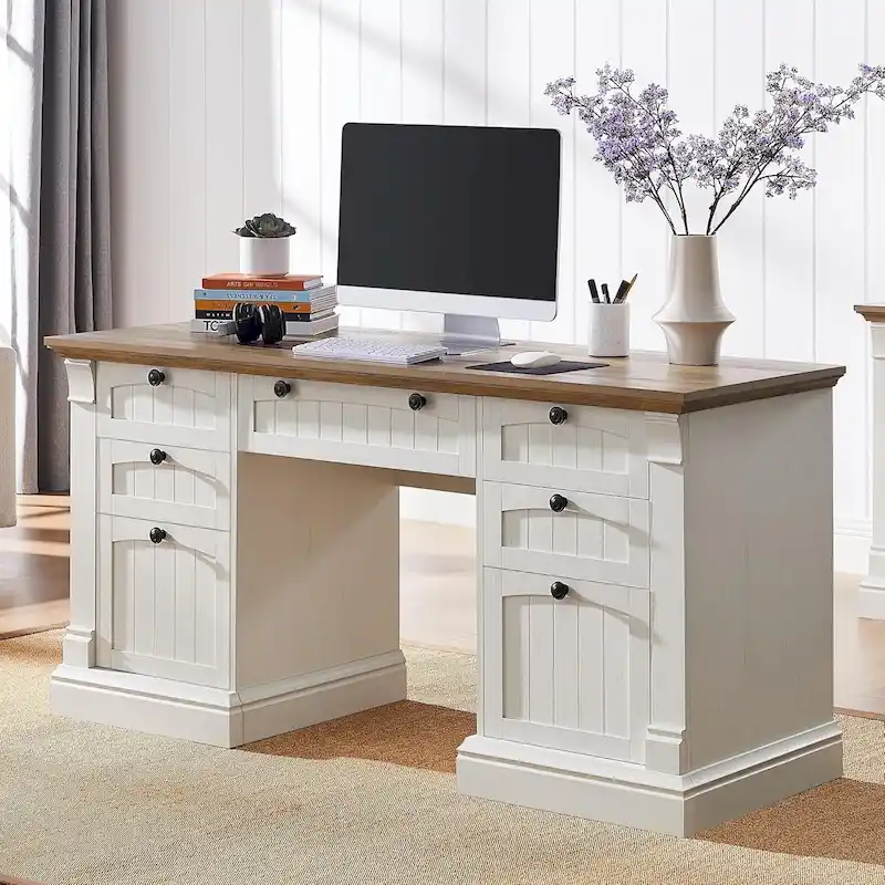 Farmhouse Computer Desk, Wood Home Office Desk with Charging Station