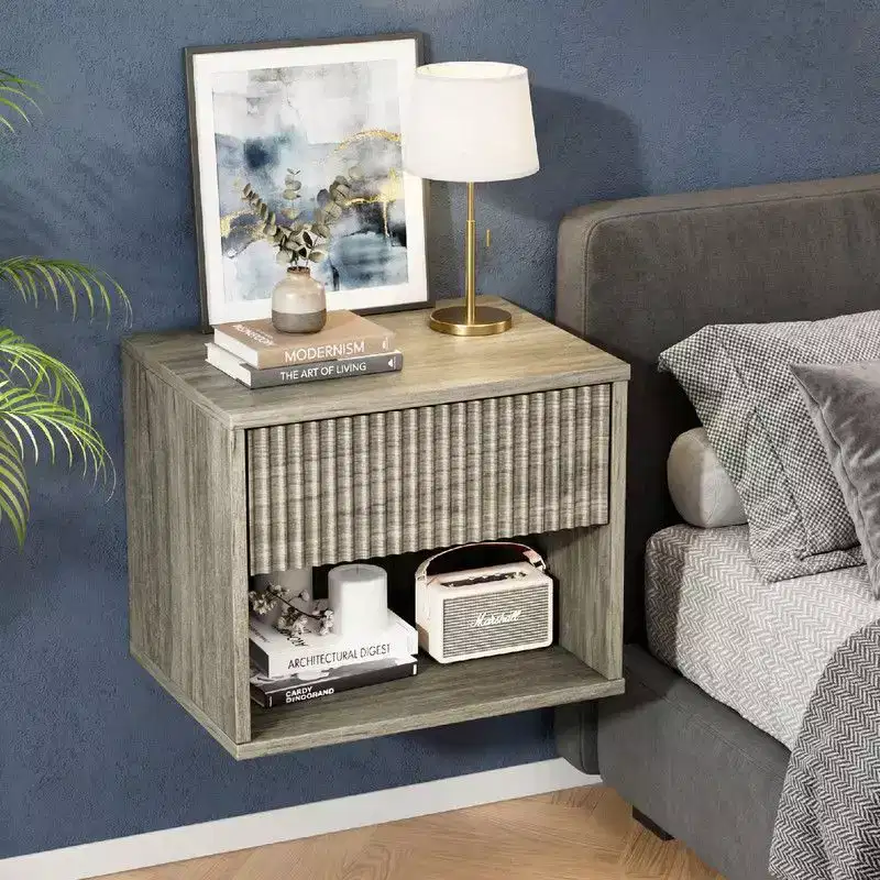 Gray Floating Nightstand with Drawer & Shelf – Set of 2