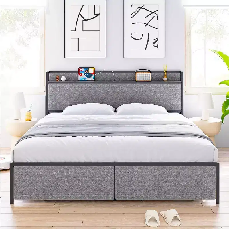 King Bed Frame with 2 Storage Drawer, Upholstered Platform Bed with Headboard, USB Port & Outlets, No Box Spring Bed, Easy Assemble