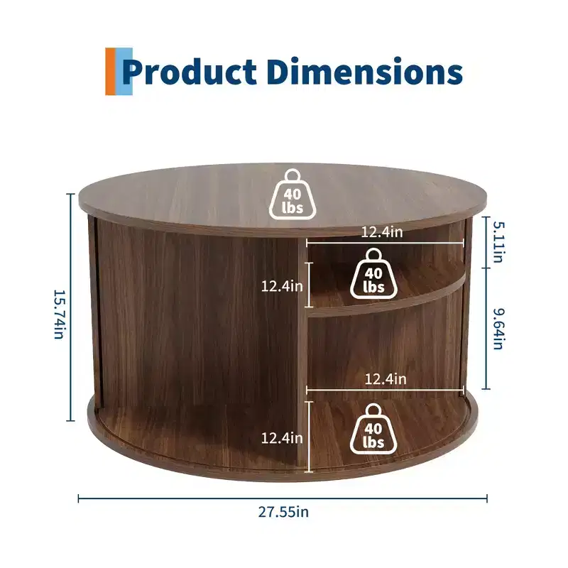 28 Round Coffee Table with Storage, Mid Century Modern Fluted Accent Table with Sliding Tambour Door for Living Room