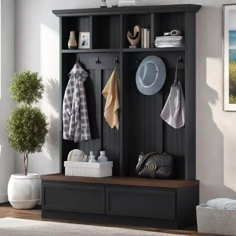 Farmhouse Hall Tree with Wood Grain Bench, Mudroom Versatile Coat Rack with 2 Large Drawer, Entrance Organizer