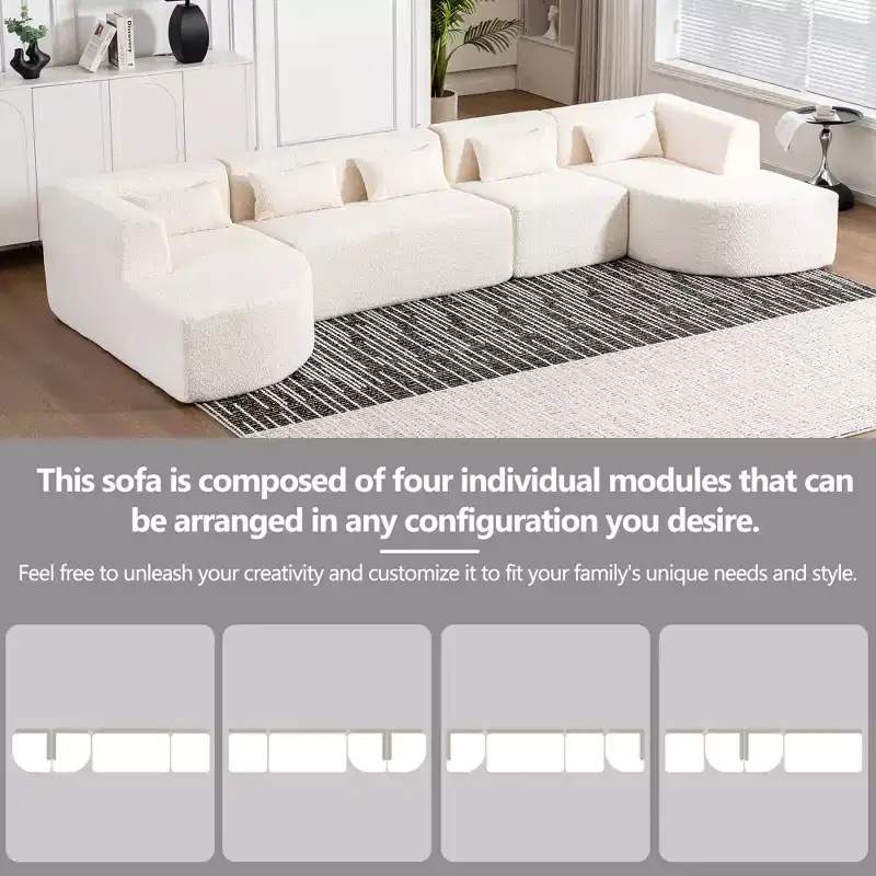 Modular Boucle Floor Couch, Modern Compressed Foam Sectional Sofa with Two Chaise Lounge