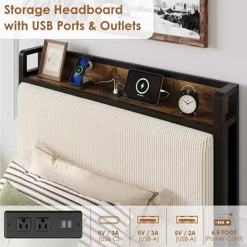 Rustic Linen Upholstered Platform Bedframe, Storage Headboard/2 Storage Drawers/Charging Station
