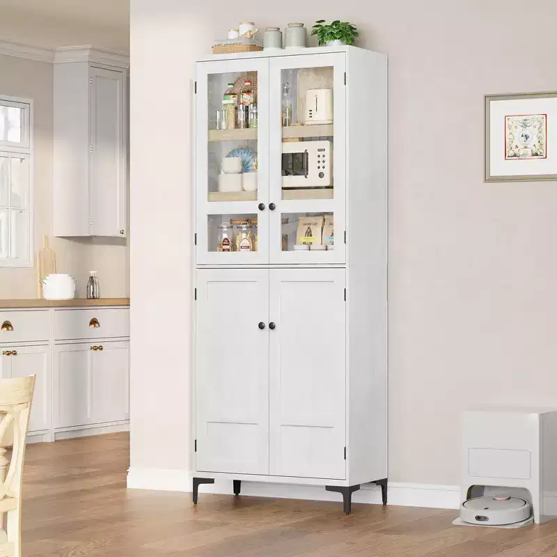 71 Inch Tall Storage Cabinet with Glass Doors, Kitchen Pantry 5 Tier Bathroom Cabinet Adjustable Shelves for Kitchen, Dining Room, Bathroom