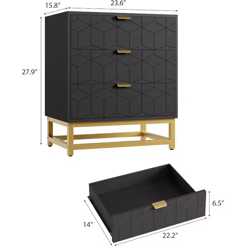 Acekool 3 Drawer Dresser, Modern Chest with Gold Metal Legs, Carved Panel Storage Cabinet Organizer for Bedroom Living Room Hallway