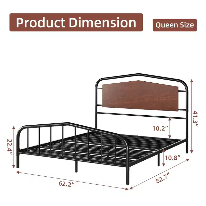 Metal Bed Frame with Wooden Headboard - Wrought Iron Platform Bed, Under Bed Storage, Easy Assembly for Industrial Style Bedroom