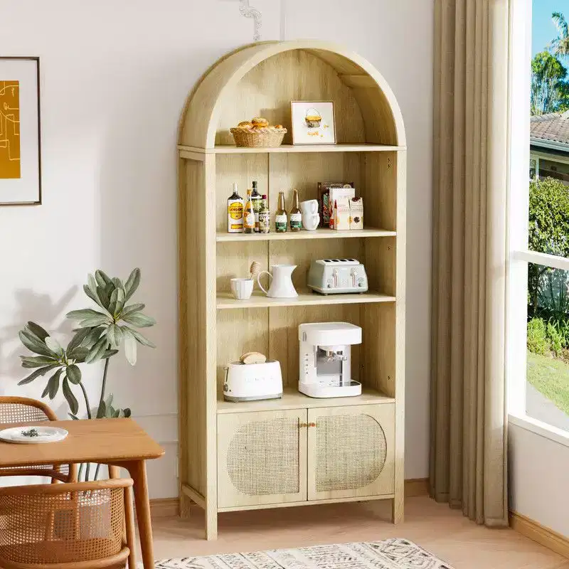 Oak Arched with 2 Doors Rattan 3-Shelf Display Cabinet