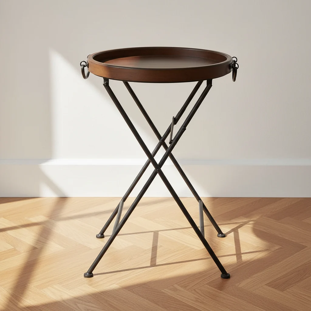 Foldable X-Frame Metal Accent Table with Round Tray Top and Wood Finish – Black, 1-Unit
