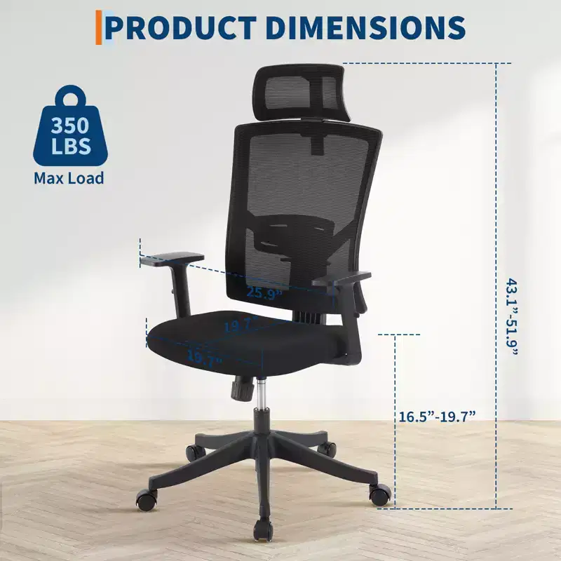 High Back Ergonomic Office Chair, Adjustable Lumbar Support & Headrest, Swivel Task Chair with Up Armrests, Height-Adjustable Rocking Mesh Desk Chair