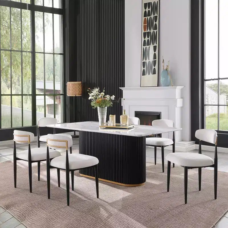 GDFStudio Howar Modern 7 Piece Wood and Metal Dining Set with Chenille Upholstered Dining Chairs