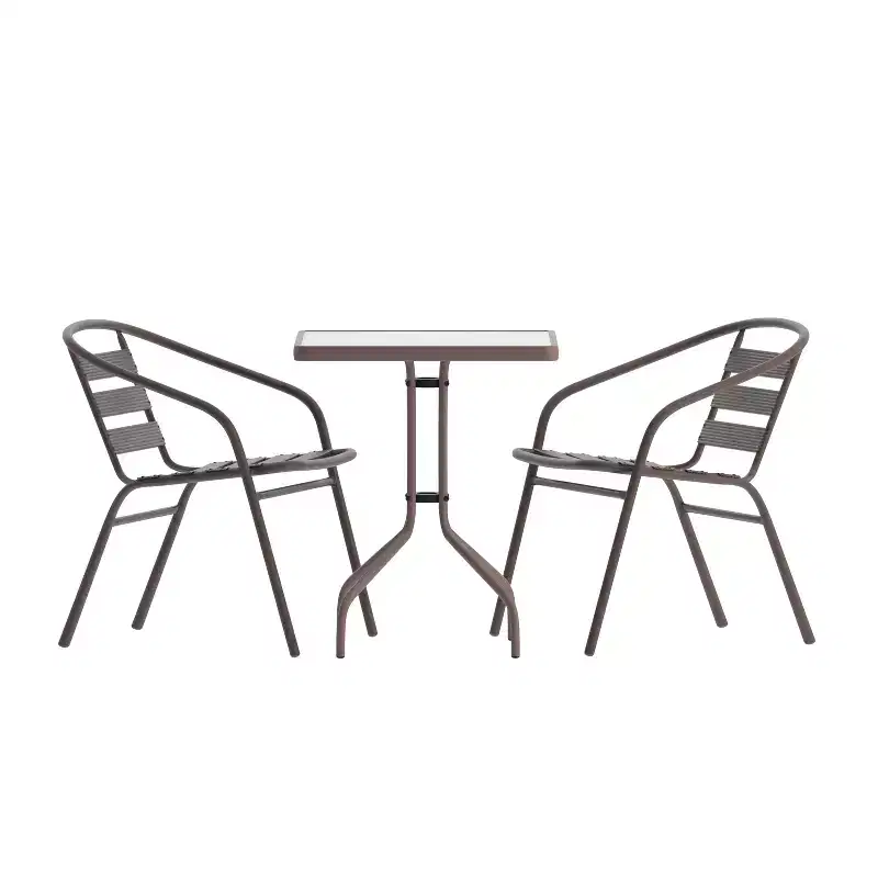Emma and Oliver 23.5'' Square Glass Top Metal Table with 2 Aluminum Slat Stack Chairs