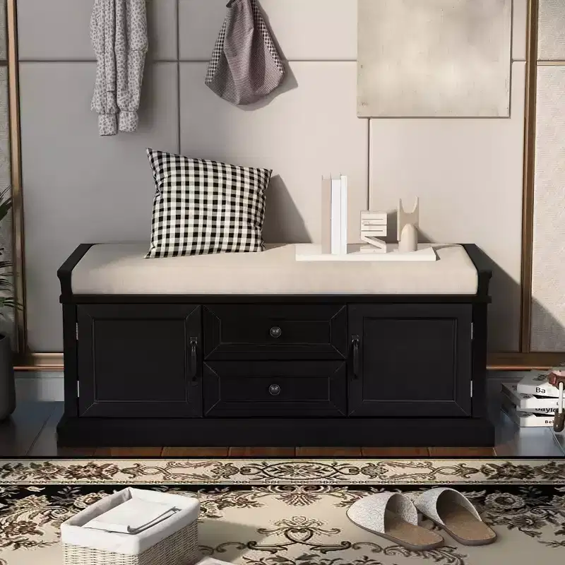 Wooden Storage Bench, Entryway Storage Bench with Drawers & Cabinets,Foyer Shoe Bench with Removable Cushion for Entryway Bedroom Living Room
