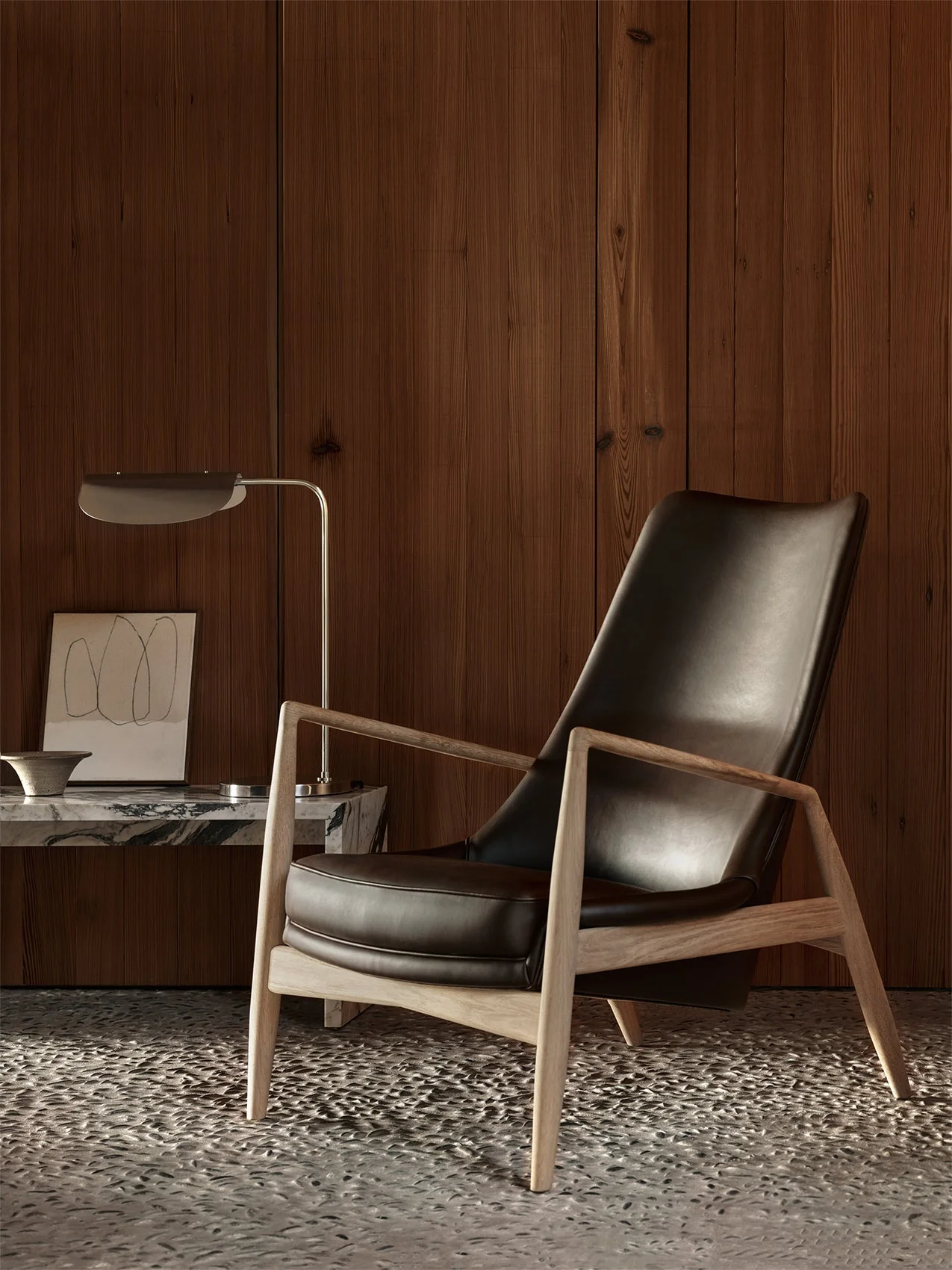 High Back Lounge Chair Angled Frame, Leather Upholstery, Floating Shell