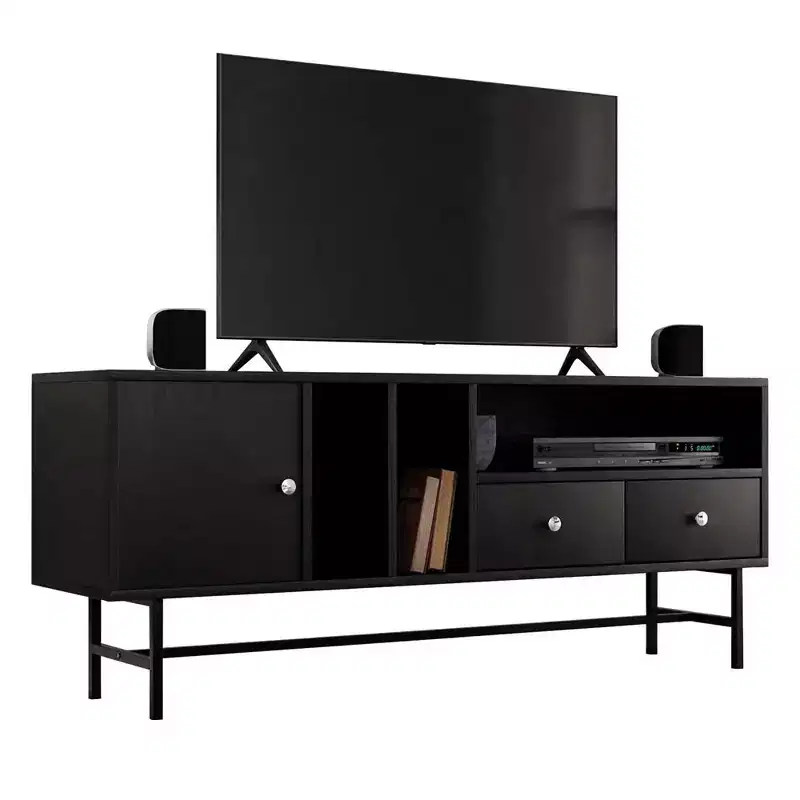 Mid-Century Modern TV Stand with Wood Frame, Enclosed Storage and Black Iron Legs, Media Console for Living Room