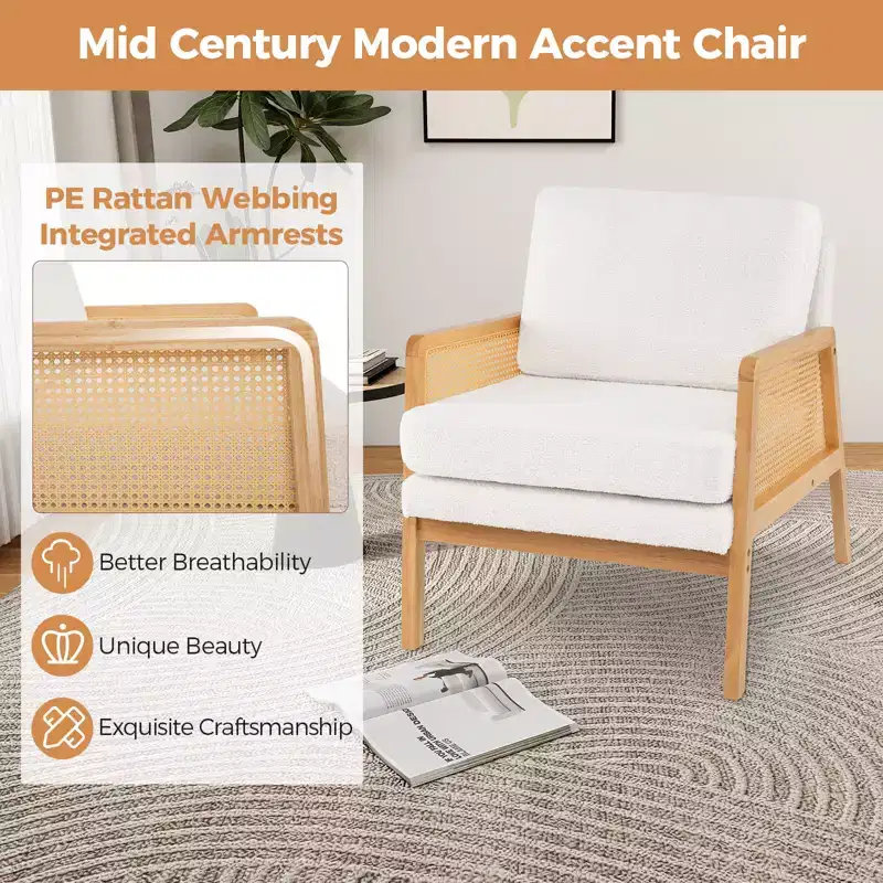 Costway Mid Century Modern Accent Chair Living Room Armchair with Rattan Arms Wooden Frame Brown/Natural