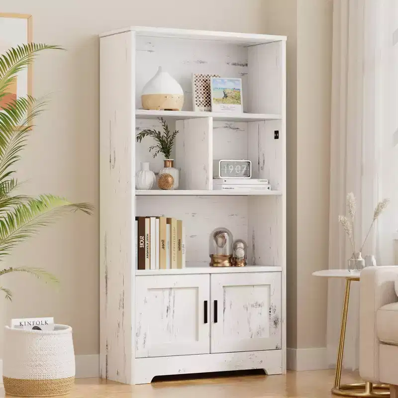 COZONY 3-Shelf Bookshelf with LED Lights & Doors, Farmhouse Bookcase with Wooden Display for Bedroom Living Room Home Office