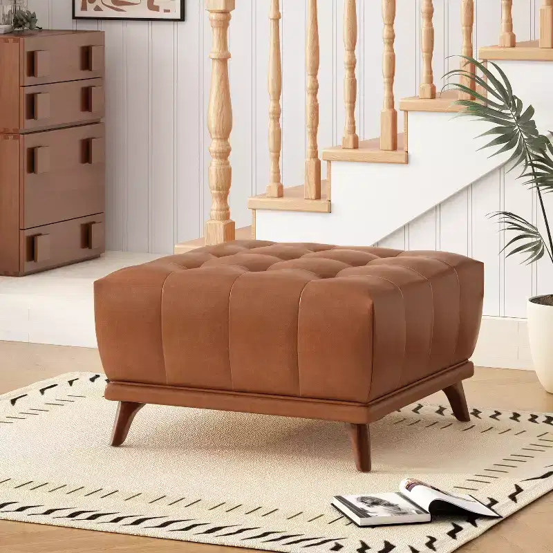 Contemporary Rubberwood Button Tufted Upholstered Square Ottoman