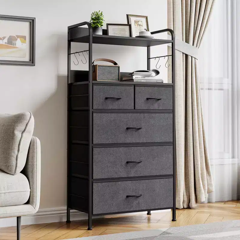 Slim 5-Drawer Fabric Dresser with Metal Frame, Compact Storage Organizer with Shelves and Hooks