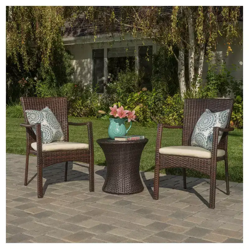 Corsica 3pc All-Weather Wicker Patio Chair Set - Brown - Christopher Knight Home: Outdoor Seating with Accent Table