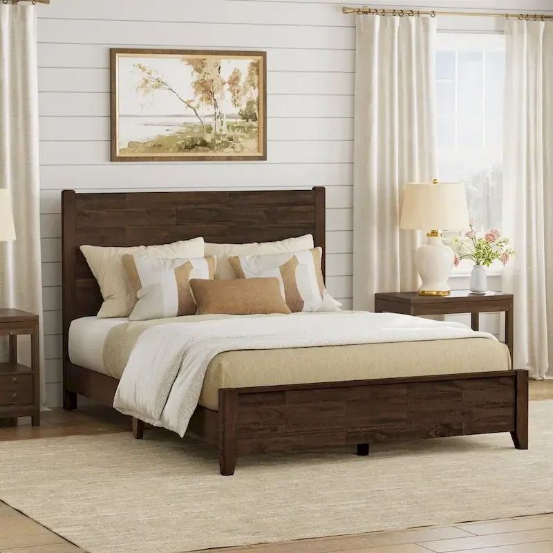 Pine Platform Bed with Distressed Headboard, Solid Wood Queen Bed Frame/King Bed Frame/Full Bed Frame