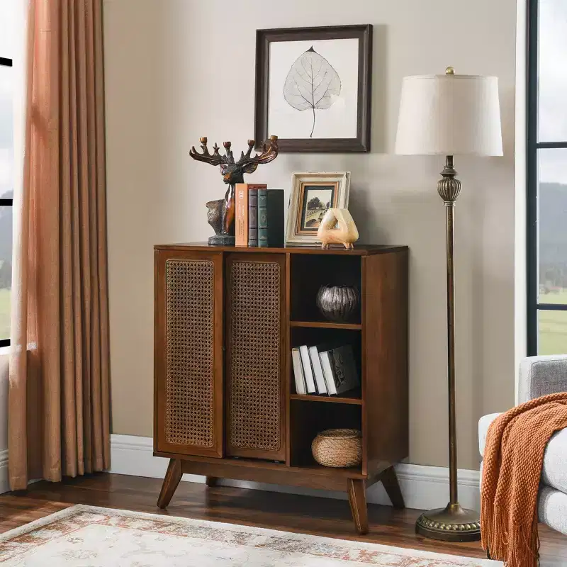 Mid-Century Modern Rattan Sideboard Cabinet with Adjustable Shelves and Solid Wood Legs, Buffet for Entryway, Living Room, Kitchen