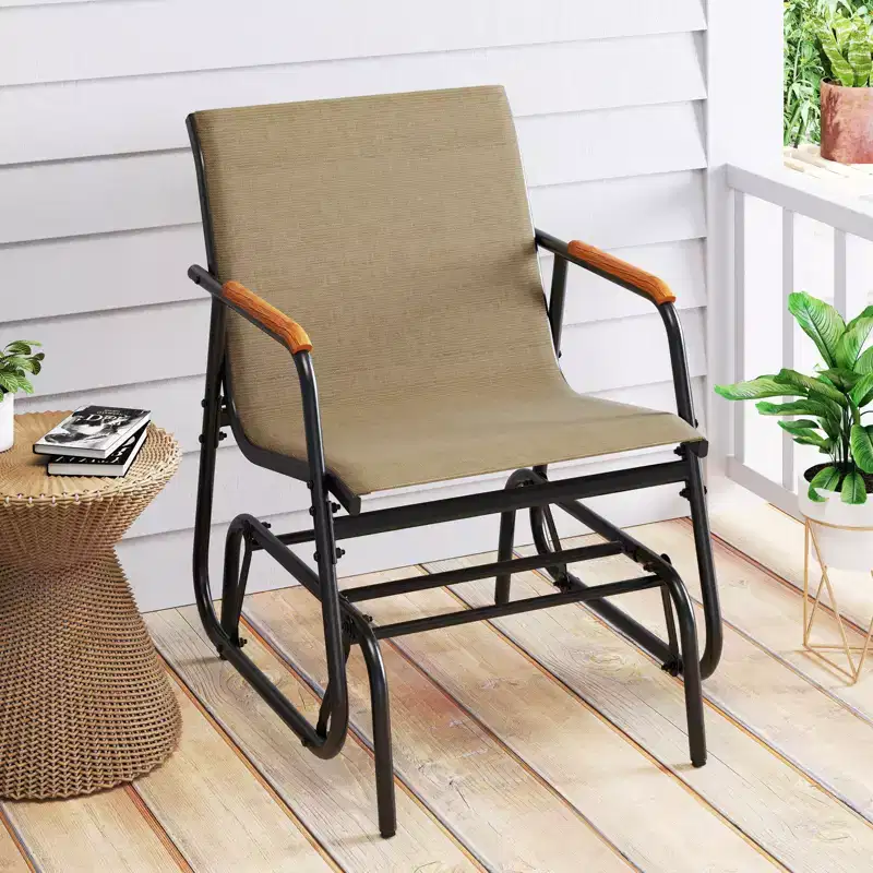 Costway Patio Glider Chair Set of 2 w/ Curved Teak Armrests & Breathable Fabric Seat