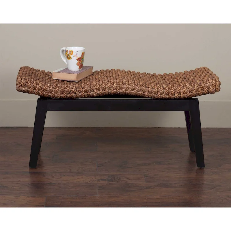 Handwoven Natural Wicker And Teak Wood Bench by East at Main