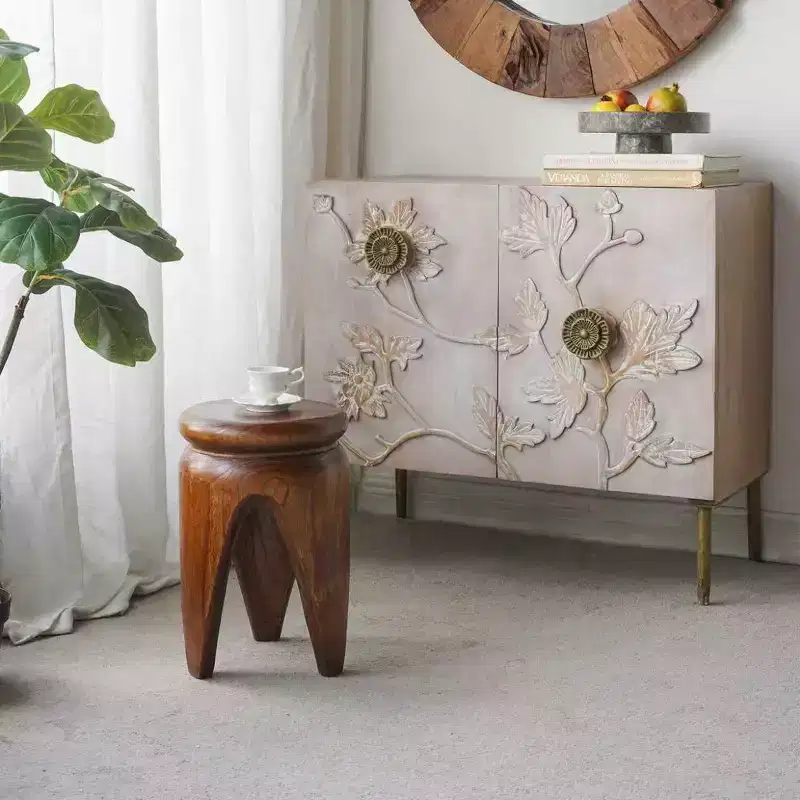 GDFStudio Arashi Carved Paulownia Wood Round Accent Table
