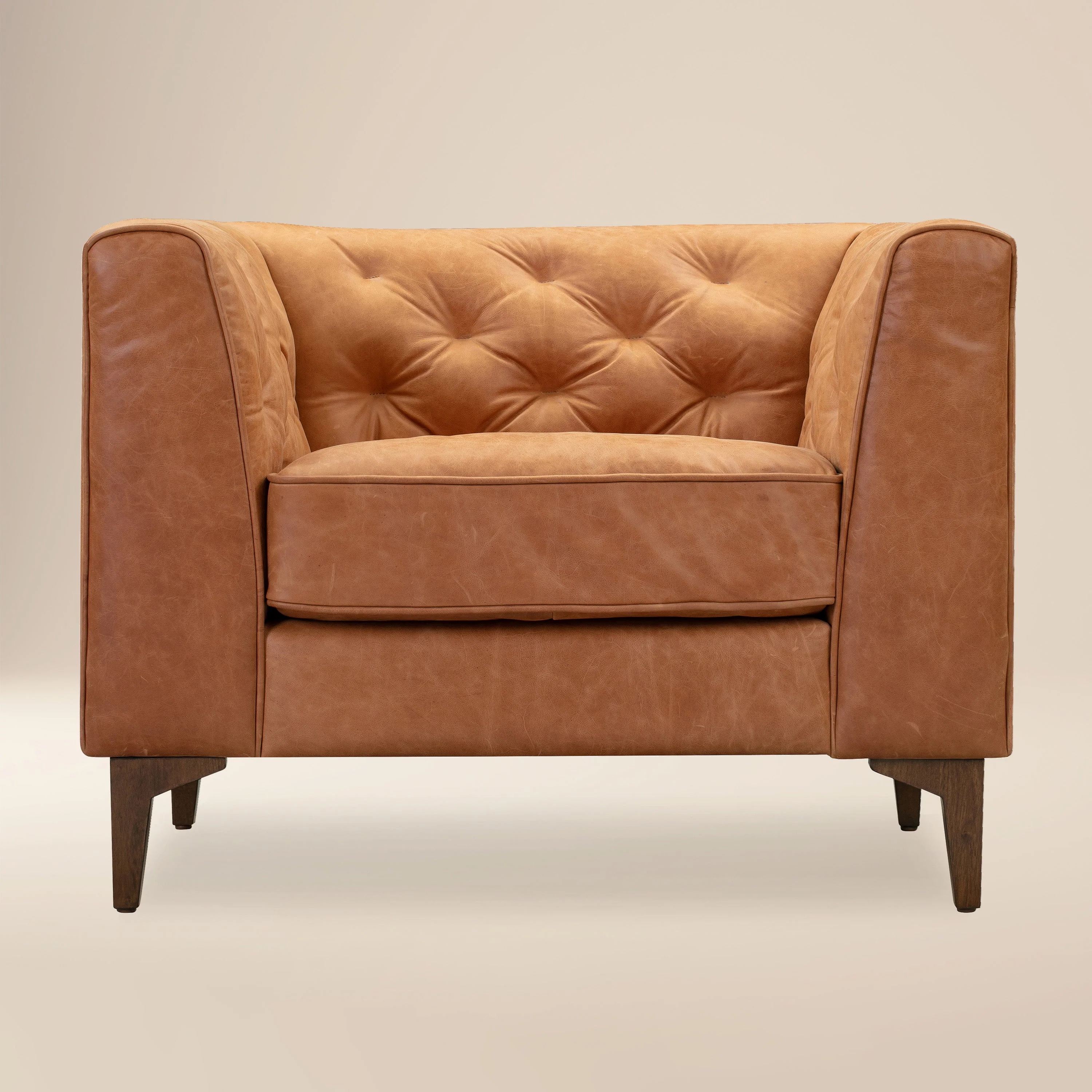 Modern Cognac Tan Leather Lounge Chair with Tufted Back