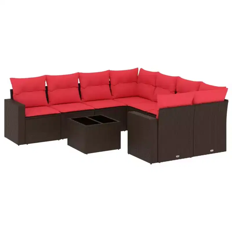 vidaXL 9 Piece Patio Sofa Set with Cushions Brown Poly Rattan - Brown and Red