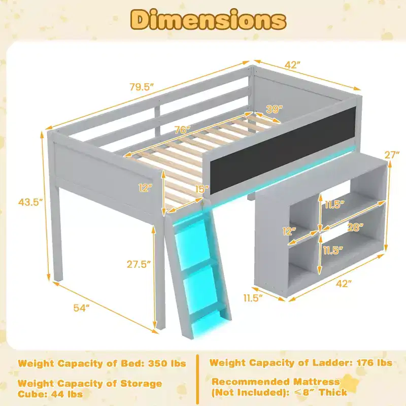 Costway Kids Loft Bed w/LED Lights Chalkboard & Removable Bookcase Safety Guardrail
